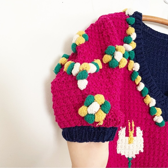 Vintage Puff Sleeve Pom Pom Bauble Knit Sweater Tulip Floral Pattern Size Small - Picture 3 of 8